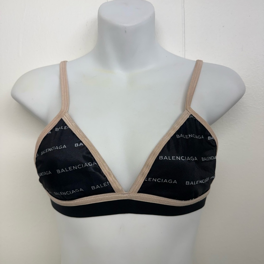 Black Logo Print Triangle Bralette / Bikini Top Adjustable Straps